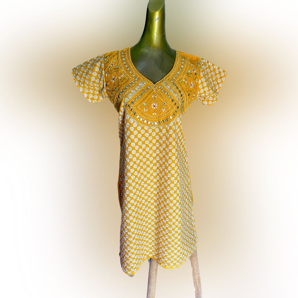 Golden embroidered and embellished kurta dress, knee length, new, size 40 women